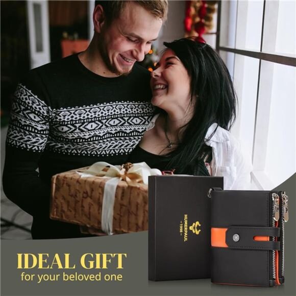 Mens Wallets with Chain Genuine Leather Black Orange - Picture 7 of 7